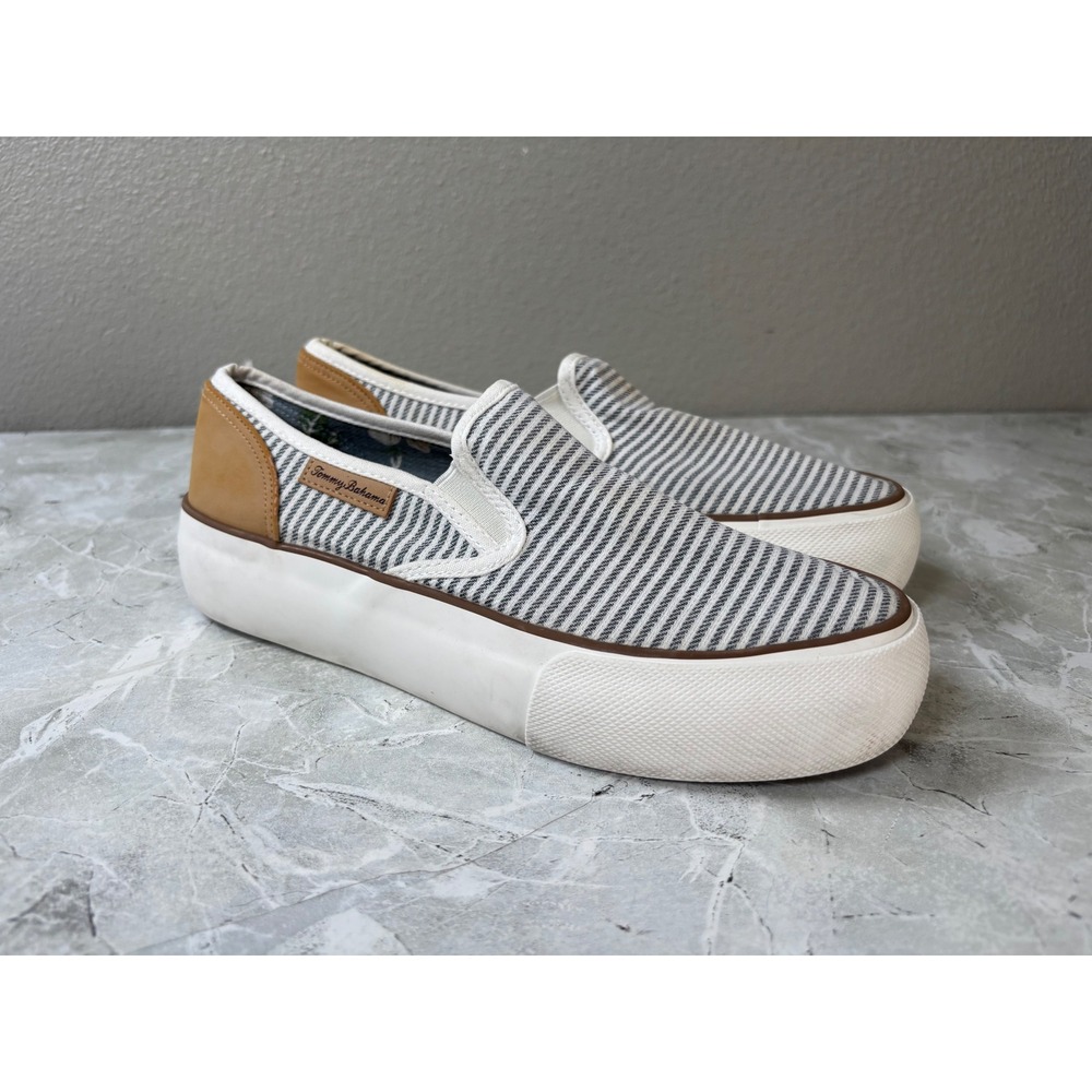 Tommy Bahama Womens 8 Striped Canvas Platform Slip On Sneakers Blue White Tan